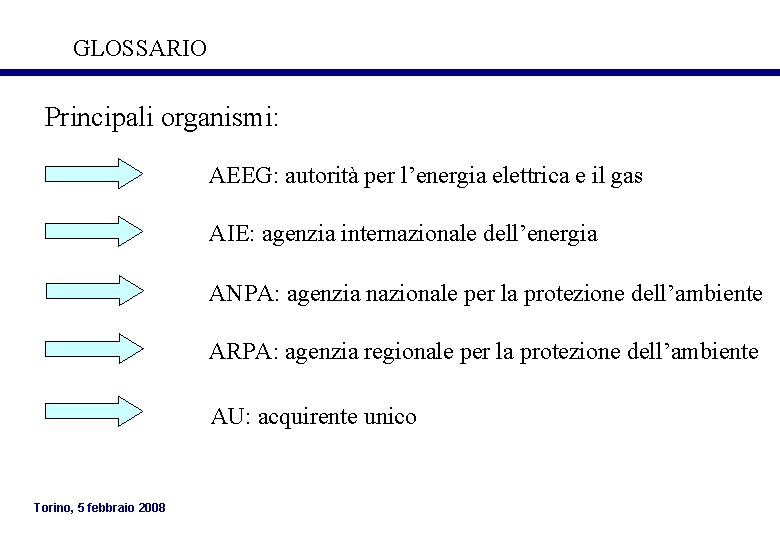GLOSSARIO Principali organismi: AEEG: autorità per l’energia elettrica e il gas AIE: agenzia internazionale GLOSSARIO Principali organismi: AEEG: autorità per l’energia elettrica e il gas AIE: agenzia internazionale