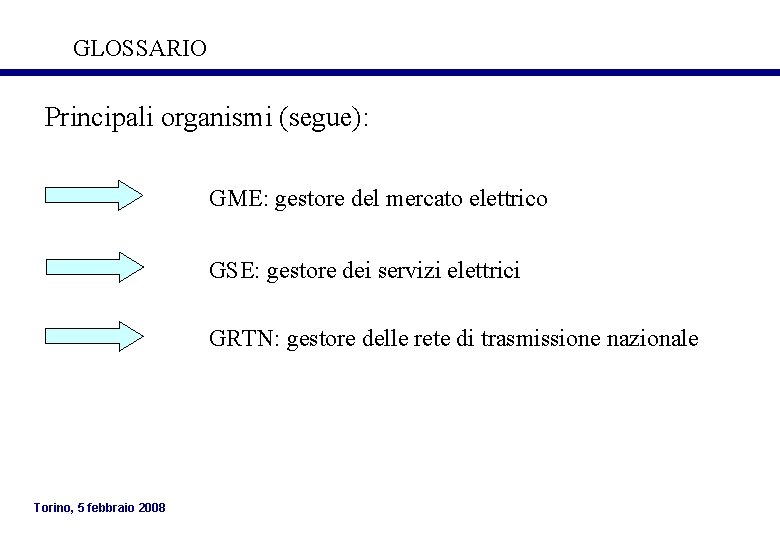 GLOSSARIO Principali organismi (segue): GME: gestore del mercato elettrico GSE: gestore dei servizi elettrici GLOSSARIO Principali organismi (segue): GME: gestore del mercato elettrico GSE: gestore dei servizi elettrici