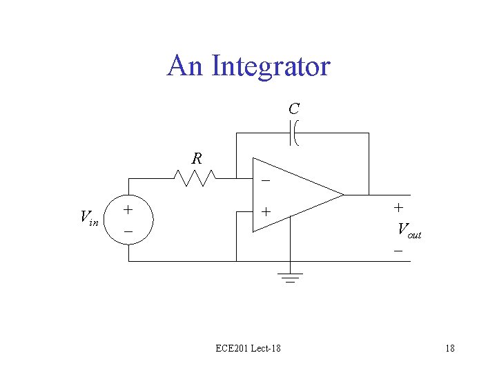 An Integrator C R – Vin + – + ECE 201 Lect-18 + Vout