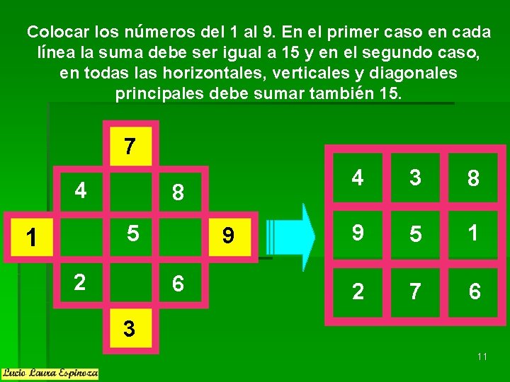 Colocar los números del 1 al 9. En el primer caso en cada línea Colocar los números del 1 al 9. En el primer caso en cada línea
