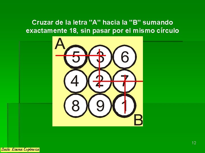 Cruzar de la letra "A" hacia la "B" sumando exactamente 18, sin pasar por Cruzar de la letra "A" hacia la "B" sumando exactamente 18, sin pasar por