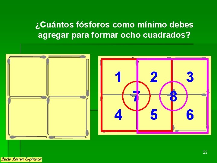 ¿Cuántos fósforos como mínimo debes agregar para formar ocho cuadrados? 1 2 7 4 ¿Cuántos fósforos como mínimo debes agregar para formar ocho cuadrados? 1 2 7 4