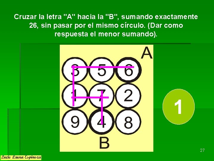 Cruzar la letra "A" hacia la "B", sumando exactamente 26, sin pasar por el Cruzar la letra "A" hacia la "B", sumando exactamente 26, sin pasar por el