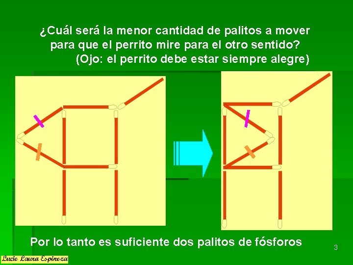 ¿Cuál será la menor cantidad de palitos a mover para que el perrito mire ¿Cuál será la menor cantidad de palitos a mover para que el perrito mire