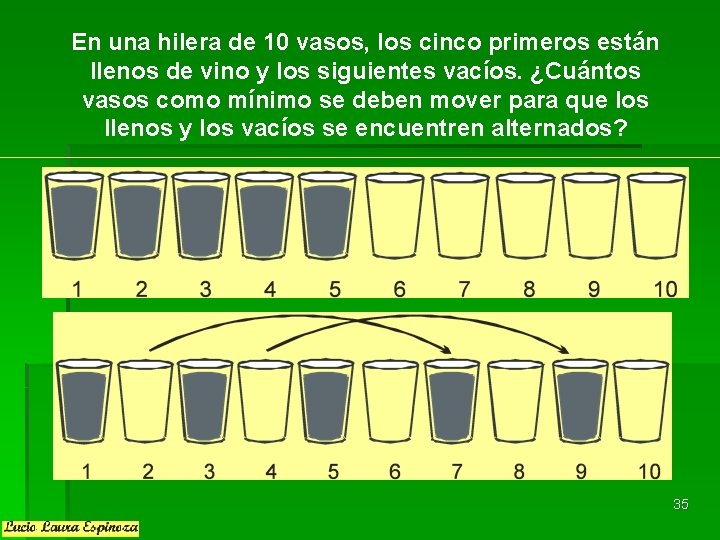 En una hilera de 10 vasos, los cinco primeros están llenos de vino y En una hilera de 10 vasos, los cinco primeros están llenos de vino y