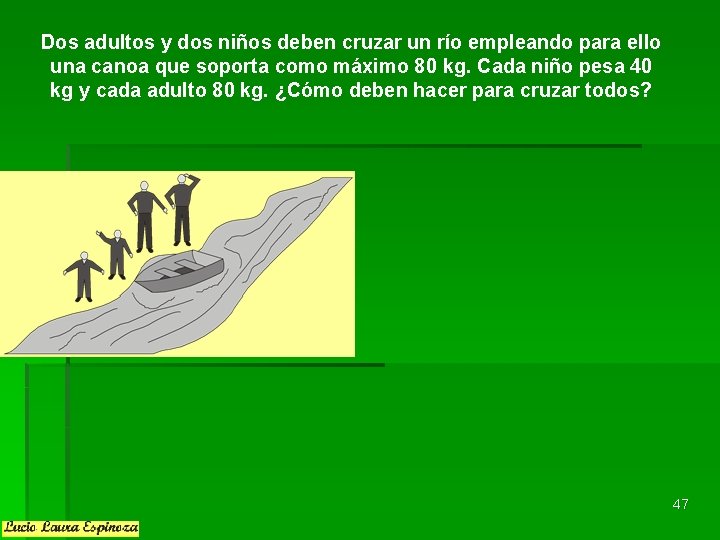 Dos adultos y dos niños deben cruzar un río empleando para ello una canoa Dos adultos y dos niños deben cruzar un río empleando para ello una canoa