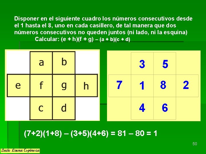 Disponer en el siguiente cuadro los números consecutivos desde el 1 hasta el 8, Disponer en el siguiente cuadro los números consecutivos desde el 1 hasta el 8,