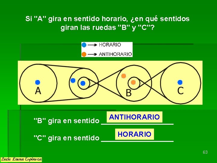 Si "A" gira en sentido horario, ¿en qué sentidos giran las ruedas "B" y Si "A" gira en sentido horario, ¿en qué sentidos giran las ruedas "B" y