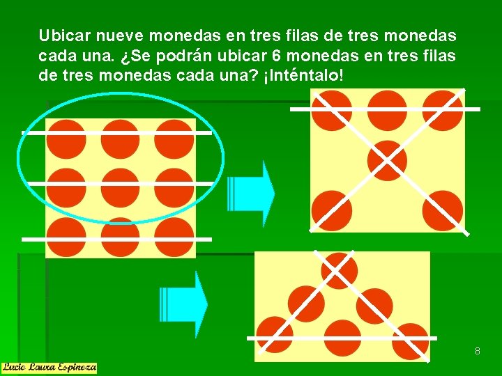 Ubicar nueve monedas en tres filas de tres monedas cada una. ¿Se podrán ubicar Ubicar nueve monedas en tres filas de tres monedas cada una. ¿Se podrán ubicar
