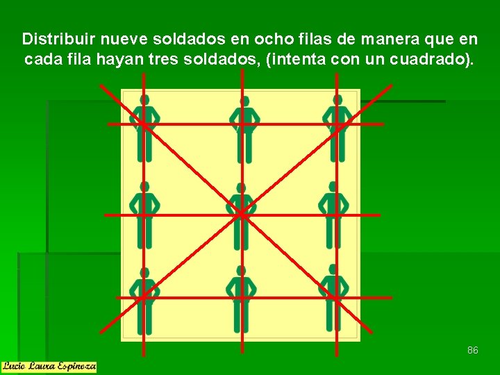 Distribuir nueve soldados en ocho filas de manera que en cada fila hayan tres Distribuir nueve soldados en ocho filas de manera que en cada fila hayan tres