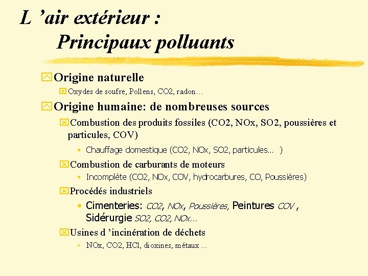 L ’air extérieur : Principaux polluants y. Origine naturelle x Oxydes de soufre, Pollens,