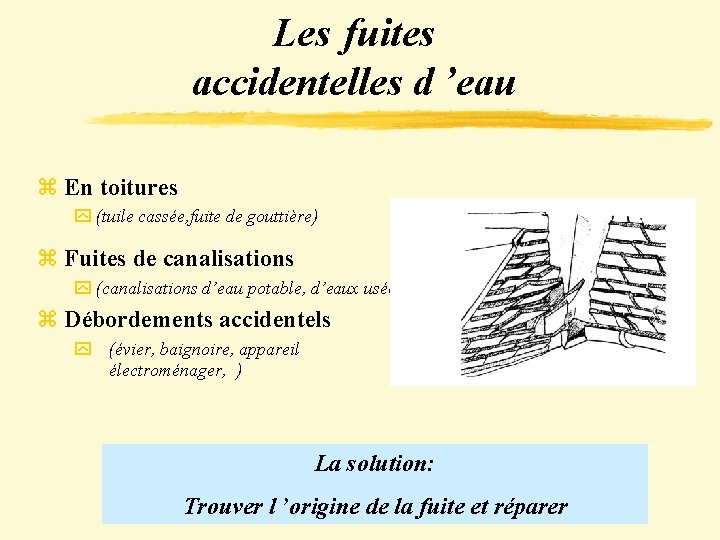 Les fuites accidentelles d ’eau z En toitures y (tuile cassée, fuite de gouttière)