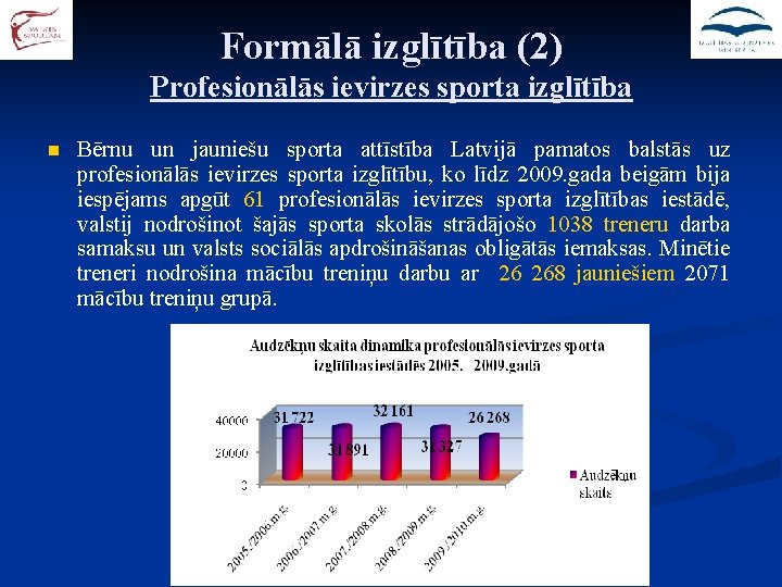 Formālā izglītība (2) Profesionālās ievirzes sporta izglītība n Bērnu un jauniešu sporta attīstība Latvijā