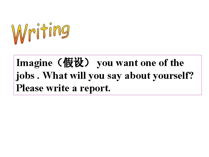 Imagine（假设） you want one of the jobs. What will you say about yourself? Please