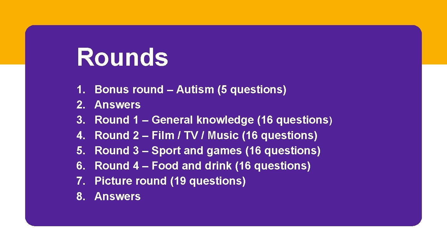 Rounds 1. 2. 3. 4. 5. 6. 7. 8. Bonus round – Autism (5