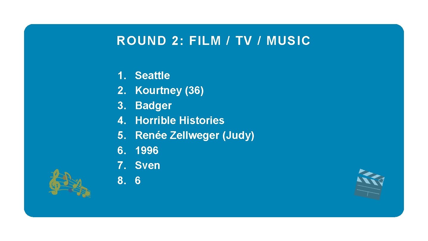 ROUND 2: FILM / TV / MUSIC 1. 2. 3. 4. 5. 6. 7.