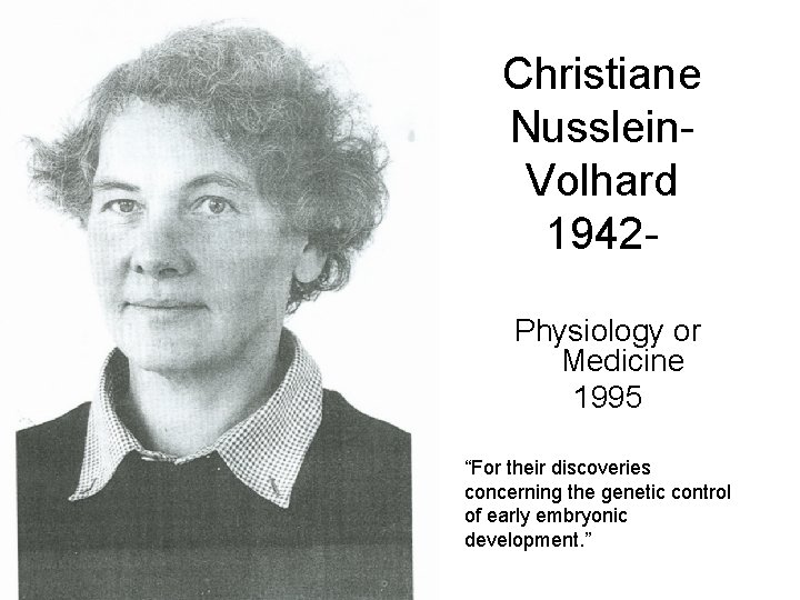 Christiane Nusslein. Volhard 1942 Physiology or Medicine 1995 “For their discoveries concerning the genetic