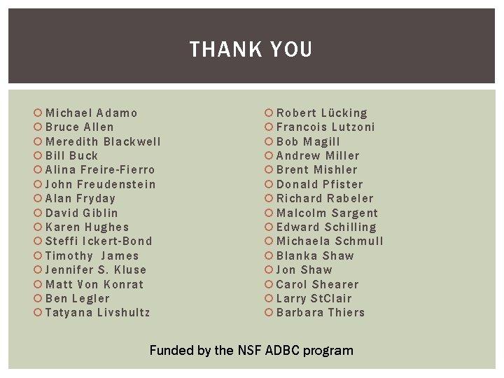 THANK YOU Michael Adamo Bruce Allen Meredith Blackwell Bill Buck Alina Freire-Fierro John Freudenstein