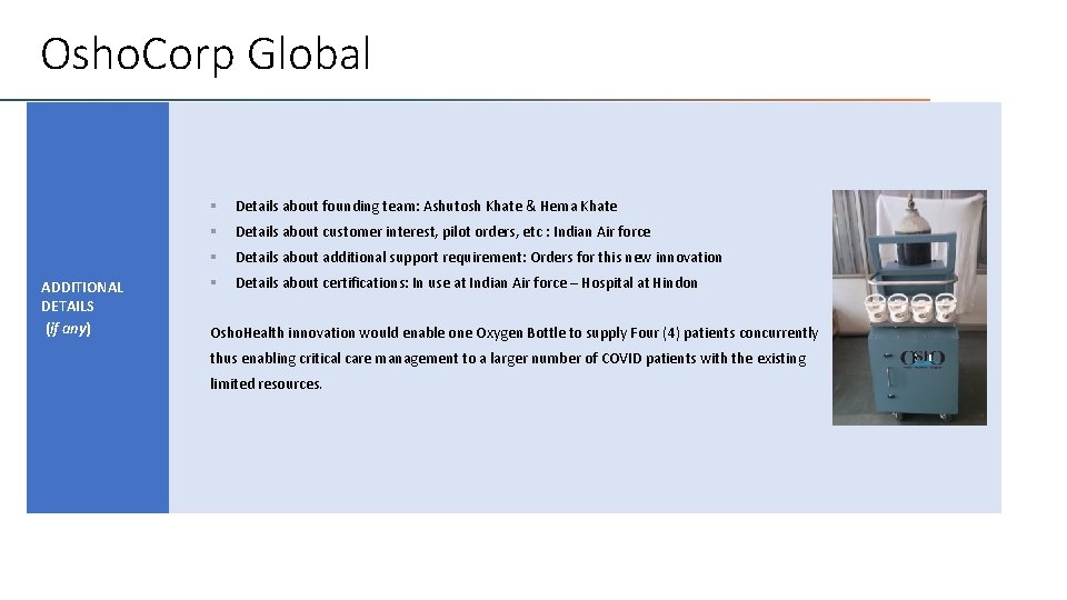 Osho. Corp Global ADDITIONAL DETAILS (if any) § Details about founding team: Ashutosh Khate