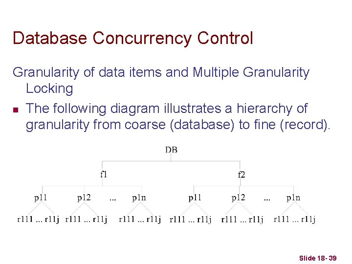 Database Concurrency Control Granularity of data items and Multiple Granularity Locking n The following