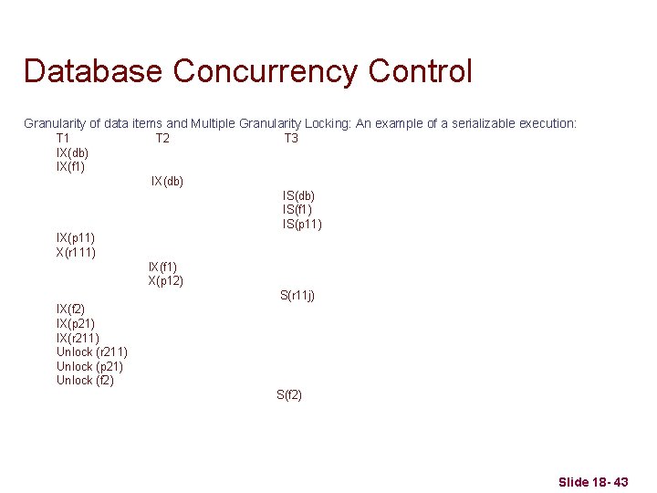 Database Concurrency Control Granularity of data items and Multiple Granularity Locking: An example of