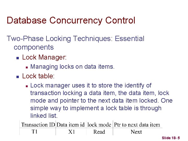 Database Concurrency Control Two-Phase Locking Techniques: Essential components n Lock Manager: n n Managing