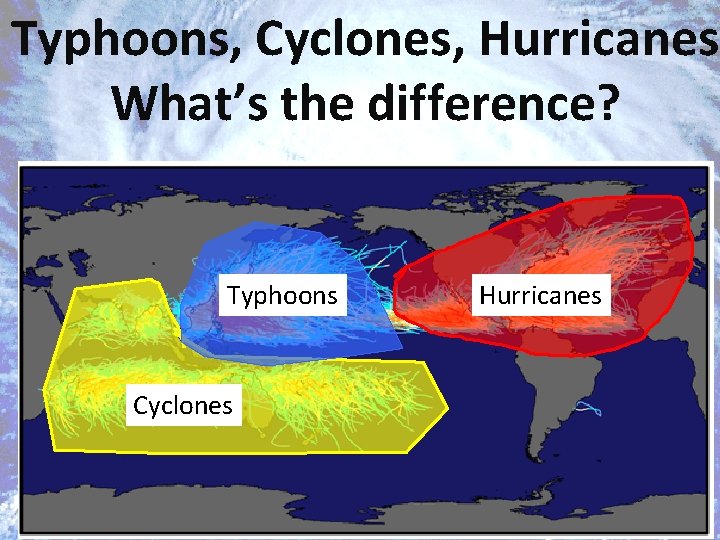 Typhoons, Cyclones, Hurricanes What’s the difference? Typhoons Cyclones Hurricanes 