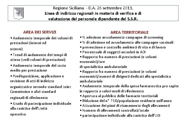Regione Siciliana - D. A. 26 settembre 2011. Linee di indirizzo regionali in materia