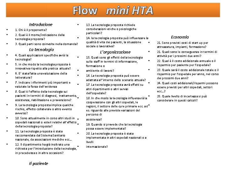Flow mini HTA Introduzione • • • 1. Chi è il proponente? 2. Qual