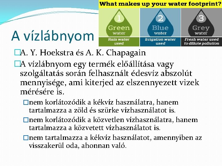 A vízlábnyom �A. Y. Hoekstra és A. K. Chapagain �A vízlábnyom egy termék előállítása