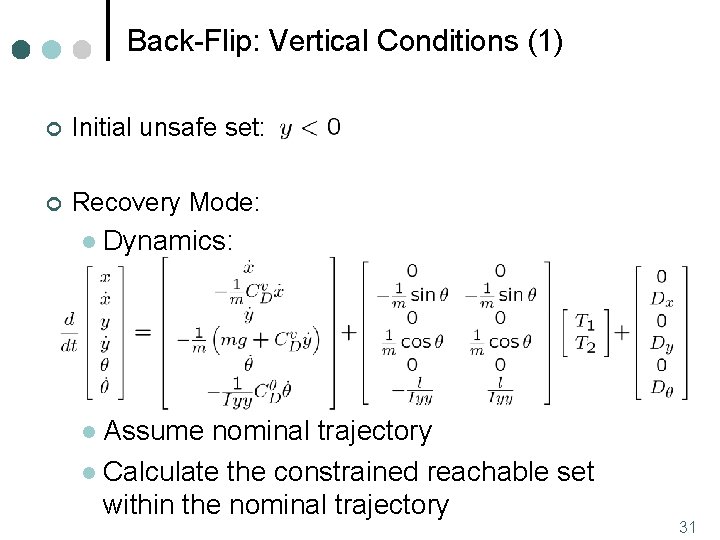 Back-Flip: Vertical Conditions (1) ¢ Initial unsafe set: ¢ Recovery Mode: l Dynamics: Assume