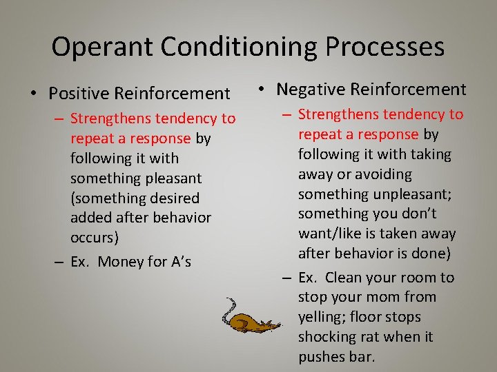 Operant Conditioning Processes • Positive Reinforcement – Strengthens tendency to repeat a response by