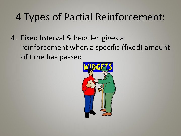 4 Types of Partial Reinforcement: 4. Fixed Interval Schedule: gives a reinforcement when a