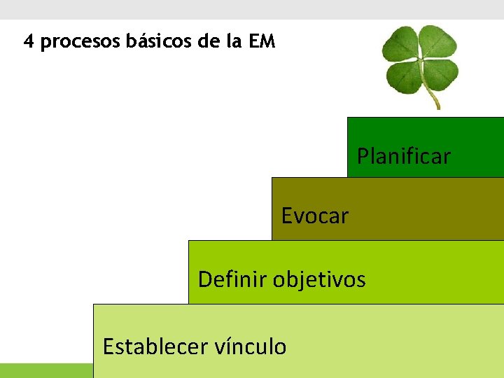 4 procesos básicos de la EM Planificar Evocar Definir objetivos Establecer vínculo 
