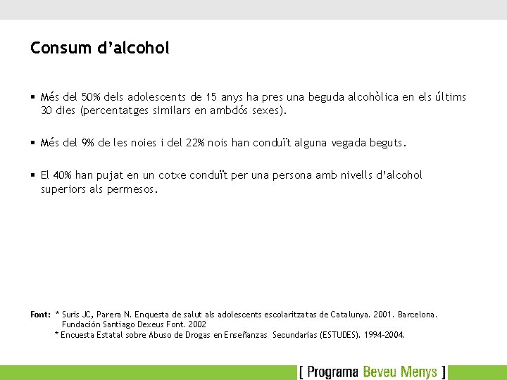 Consum d’alcohol § Més del 50% dels adolescents de 15 anys ha pres una