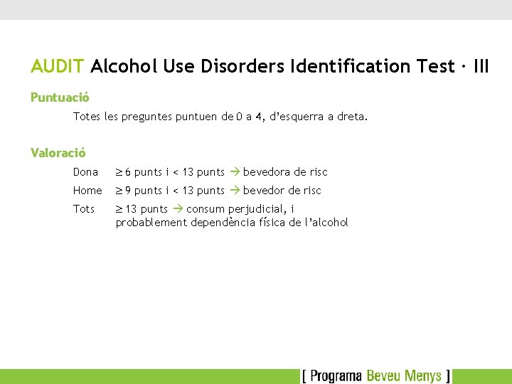 AUDIT Alcohol Use Disorders Identification Test · III Puntuació Totes les preguntes puntuen de