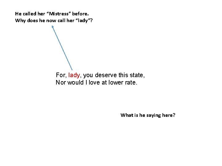 He called her “Mistress” before. Why does he now call her “lady”? For, lady,