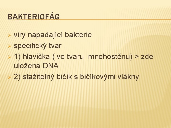 BAKTERIOFÁG viry napadající bakterie Ø specifický tvar Ø 1) hlavička ( ve tvaru mnohostěnu)