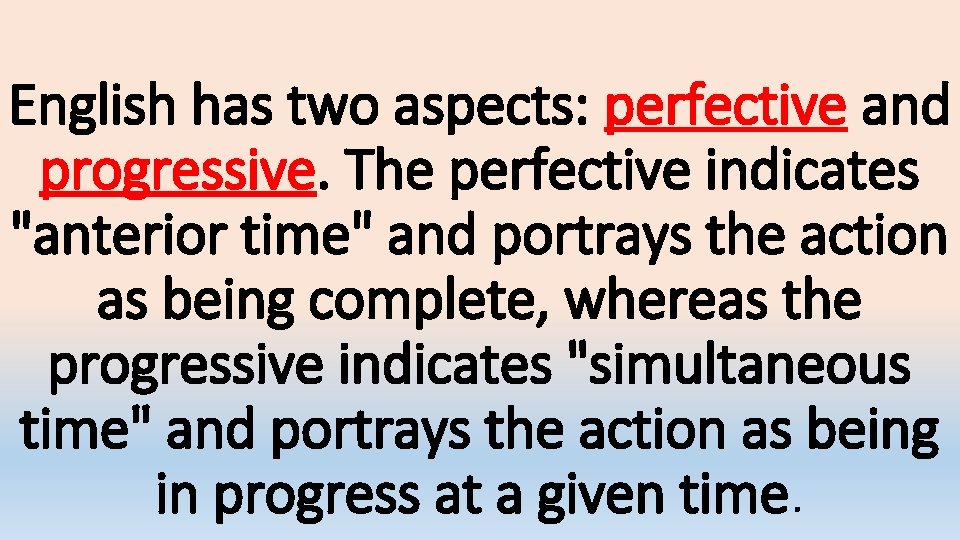 English has two aspects: perfective and progressive. The perfective indicates "anterior time" and portrays