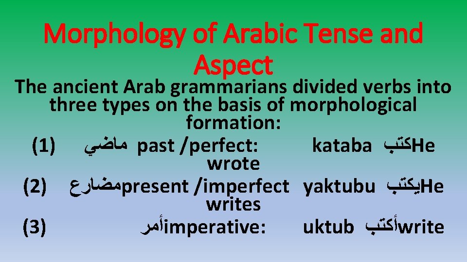 Morphology of Arabic Tense and Aspect The ancient Arab grammarians divided verbs into three