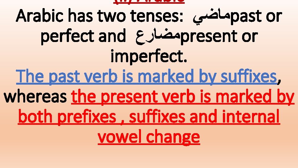 (ii) Arabic has two tenses: ﻣﺎﺿﻲ past or perfect and ﻣﻀﺎﺭﻉ present or imperfect.