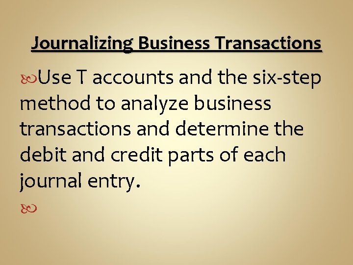Journalizing Business Transactions Use T accounts and the six-step method to analyze business transactions