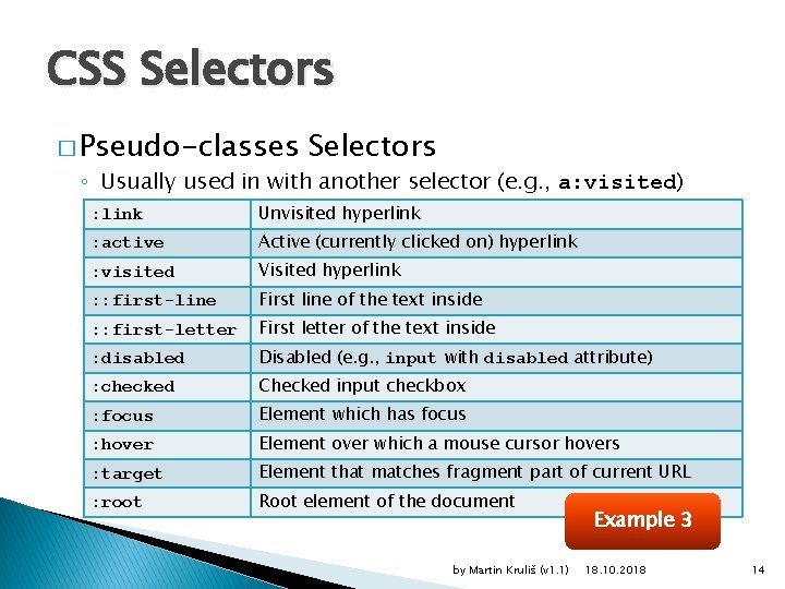CSS Selectors � Pseudo-classes Selectors ◦ Usually used in with another selector (e. g.