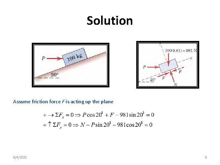 Solution Assume friction force F is acting up the plane 3/4/2021 3 