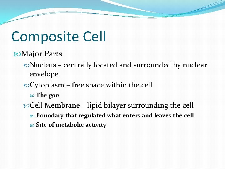 Composite Cell Major Parts Nucleus – centrally located and surrounded by nuclear envelope Cytoplasm