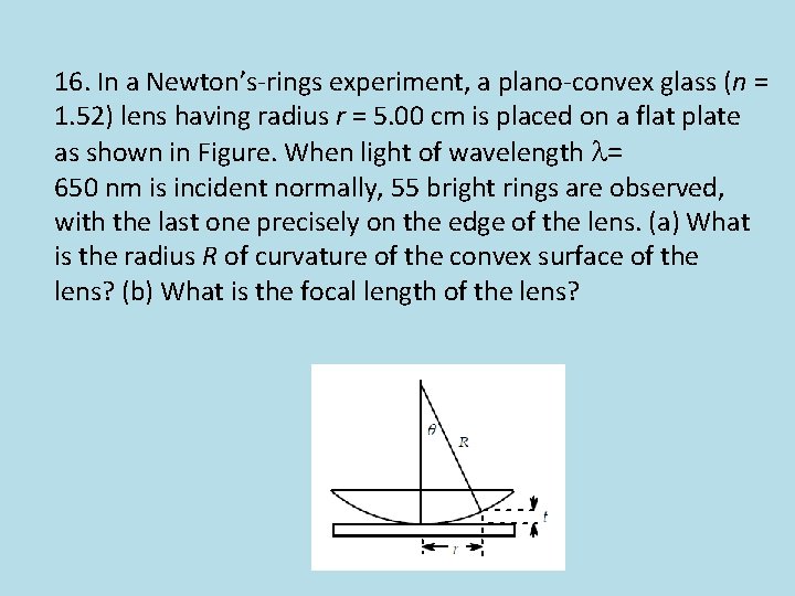 16. In a Newton’s-rings experiment, a plano-convex glass (n = 1. 52) lens having