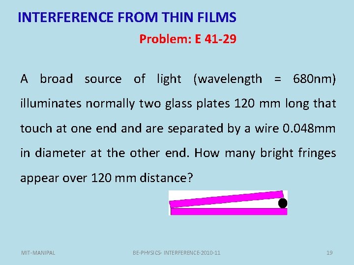 INTERFERENCE FROM THIN FILMS Problem: E 41 -29 A broad source of light (wavelength