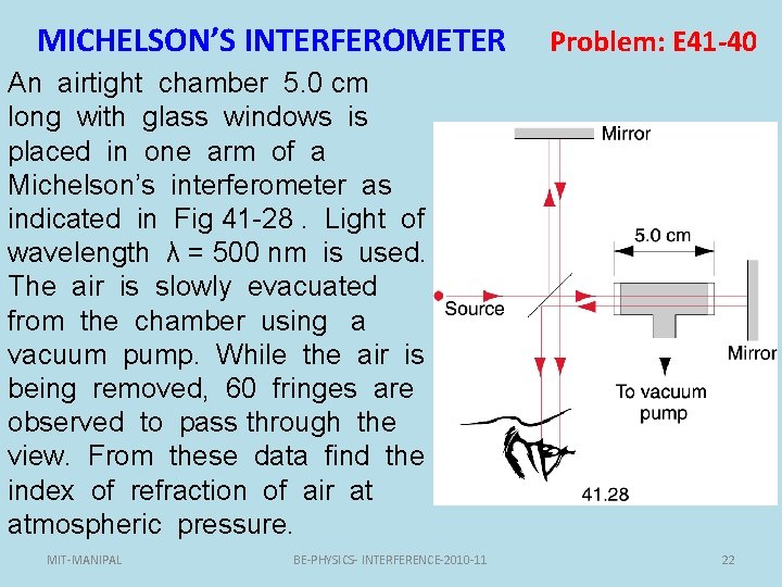 MICHELSON’S INTERFEROMETER Problem: E 41 -40 An airtight chamber 5. 0 cm long with