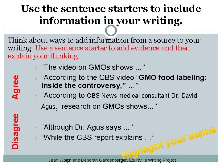 Use the sentence starters to include information in your writing. Think about ways to