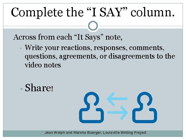 Complete the “I SAY” column. Across from each “It Says” note, • Write your